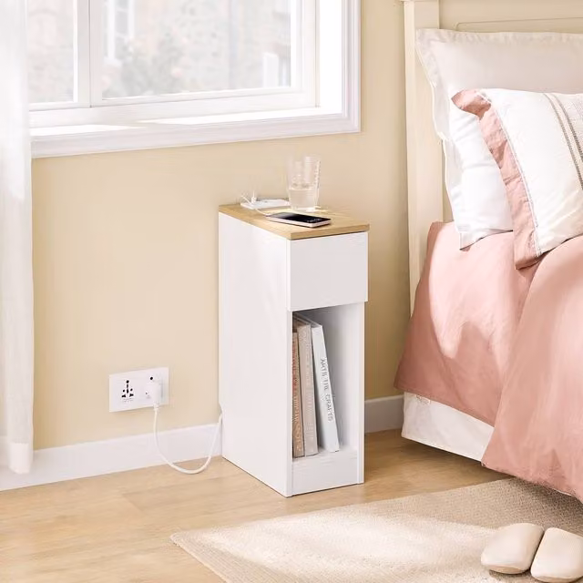 SoBuy Modern Slim Nightstand in White with USB Charging Port and Drawers