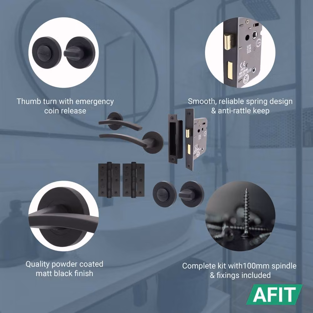 AFIT Matt Black Aluminium Bathroom Door Handle with Lock and Hinges, W/D/H: 15.2 x 15.0 x 15.0 cm – 3