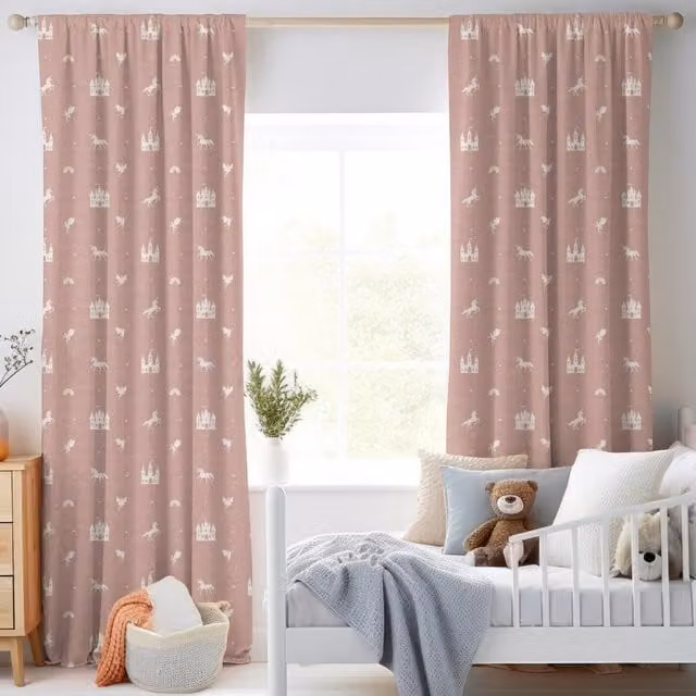ANTE DECOR Castles and Unicorns Printed Cotton Made to Measure Blackout Curtains in Pink