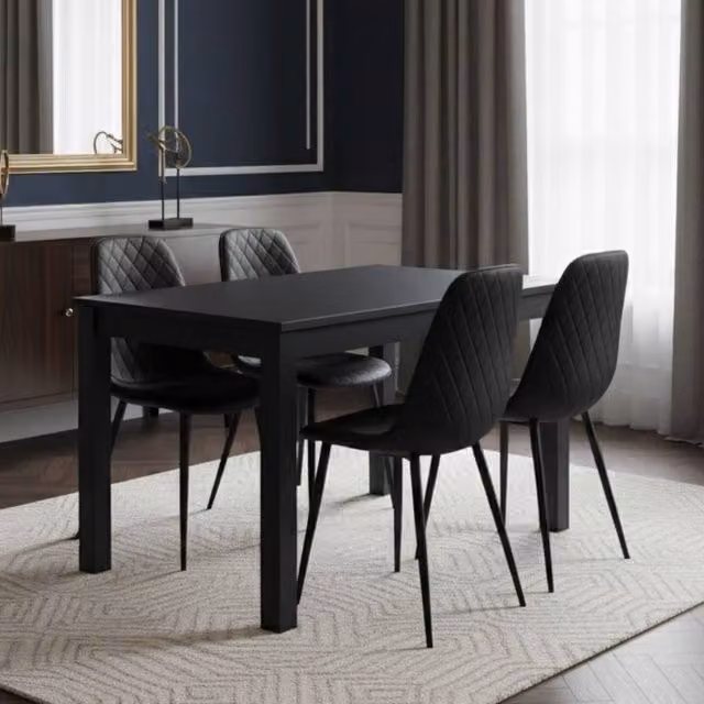 KOSY KOALA Modern Dining Set with Rectangular Grey Table and 4 Black Faux Leather Geometric Pattern Chairs
