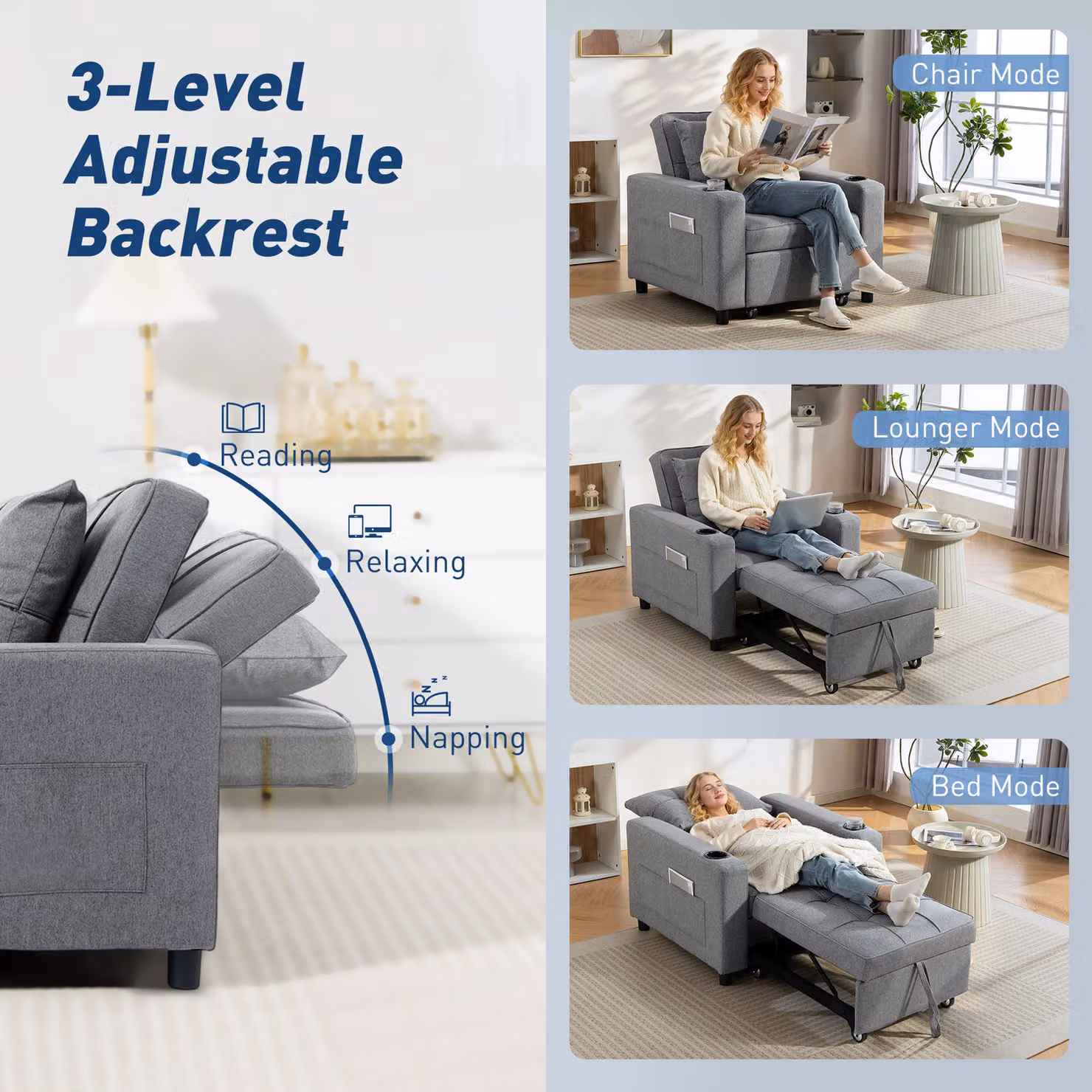 HOMCOM 3-in-1 Single Sofa Bed, Convertible Fabric Sleeper Chair with Armrests and Cup Holder, Dark Grey – 5