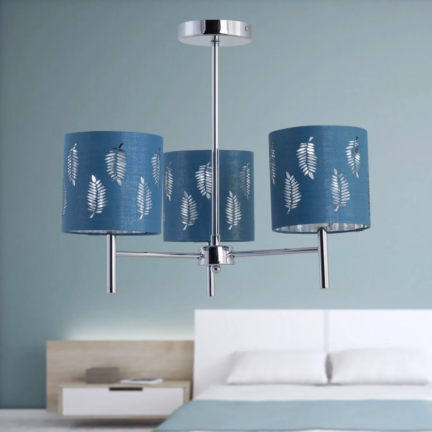 First Choice Lighting Brea Set of 2 Chrome Ceiling Light Fittings with Teal Fabric Shades – 3
