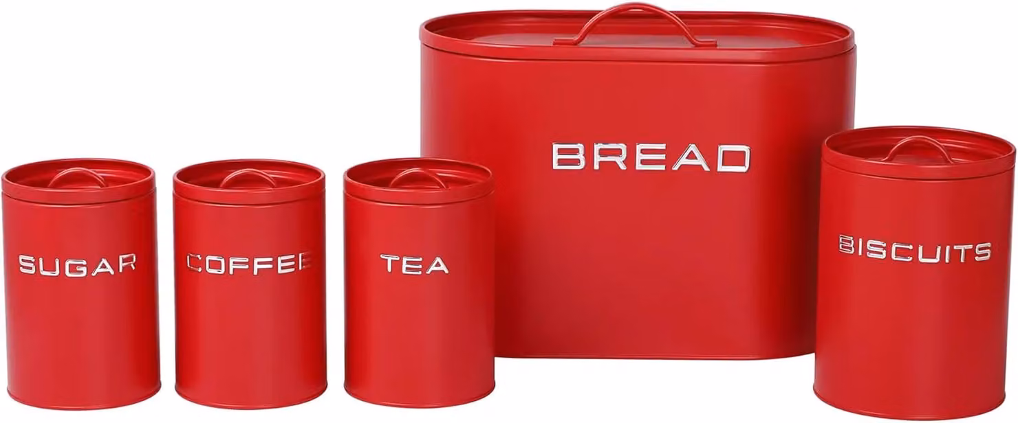 Simpa 5-Piece Matte Red Metal Kitchen Storage Set Including Bread Bin, Biscuit Tin and Canisters – 3