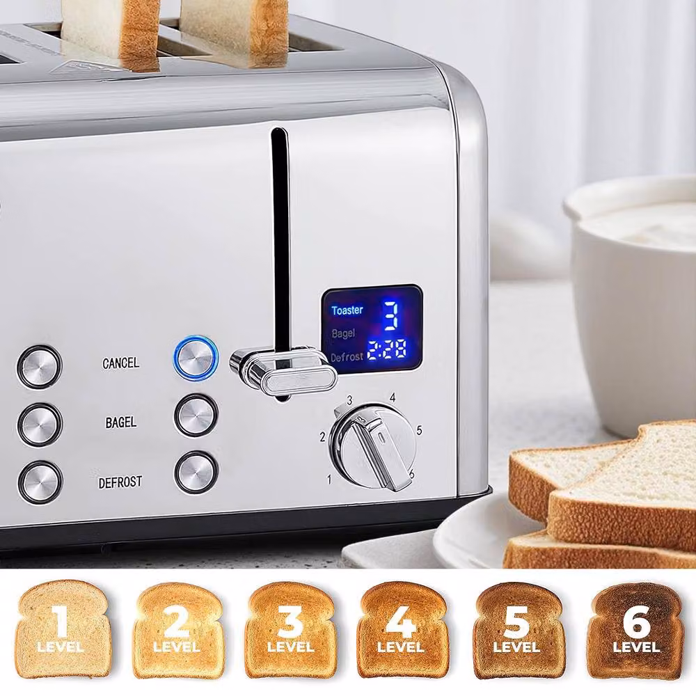 Cusimax Silver 4-Slice Stainless Steel Toaster with LED Digital Display, 1650W – 4