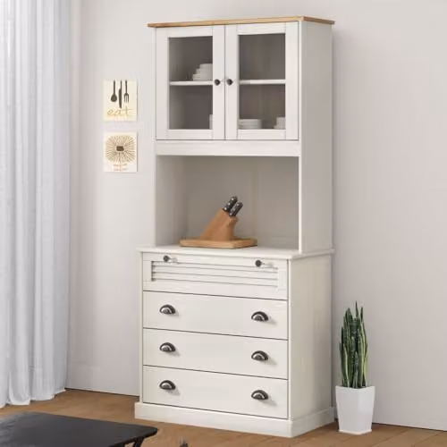 vidaXL VIGO White Rustic Tall Highboard in Solid Pine Wood with Glass Doors, W/D/H: 80 x 40 x 176 cm – 2