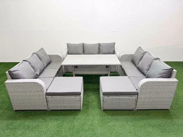 Fimous 11 Seater PE Rattan Outdoor Garden Furniture Set with Rectangular Dining Table, 3 Seater Sofa and 2 Large Footstools in Light Grey