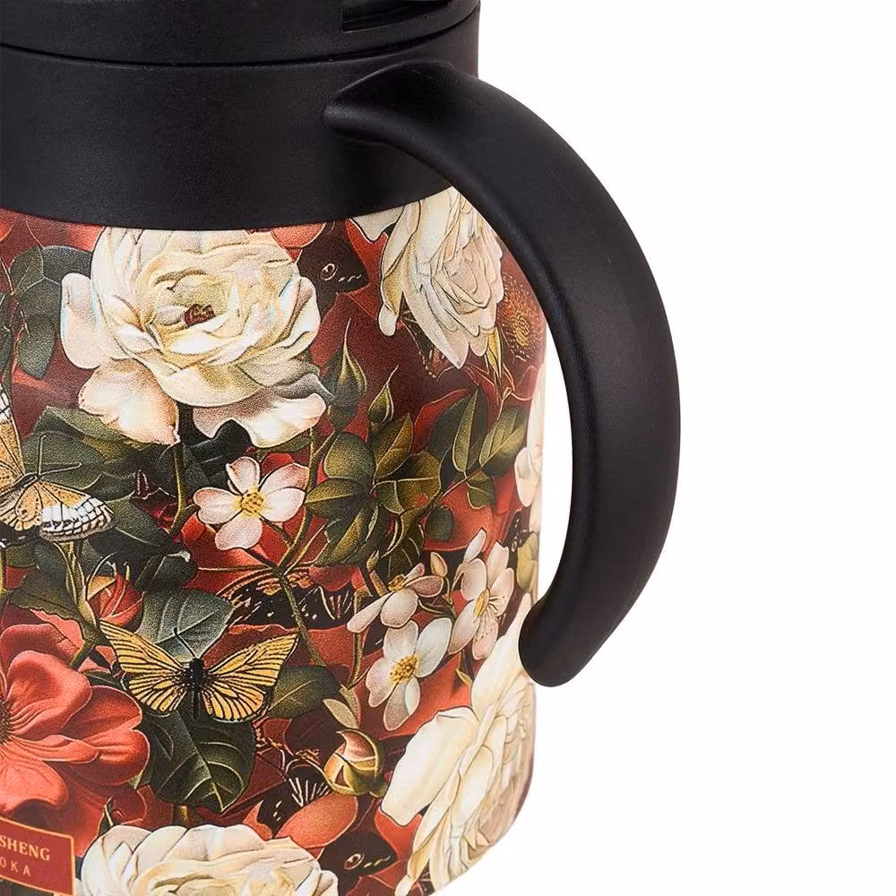 NESTLUNE Red Floral Pattern Stainless Steel Insulated Tea Thermos with Infuser, 1000ml – 3
