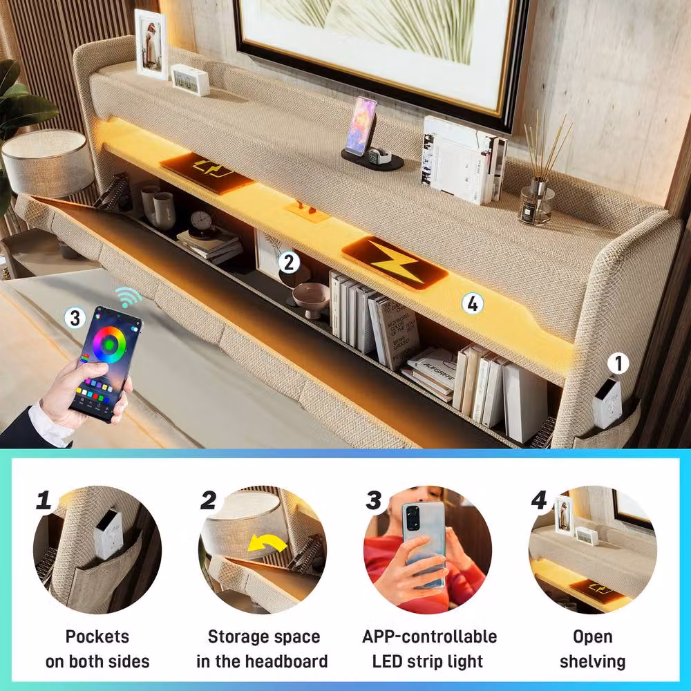 Merax Upholstered Double Bed in Beige with Hydraulic Storage, LED Lighting, USB Charging Port and Bedside Shelf, W/D/H: 140 x 200 x 156 cm – 3