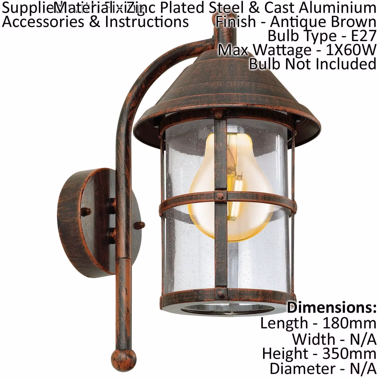 Loops 2 Pack IP23 Outdoor Wall Lanterns in Antique Brown Metal and Glass with E27 Bulb Compatibility – 2