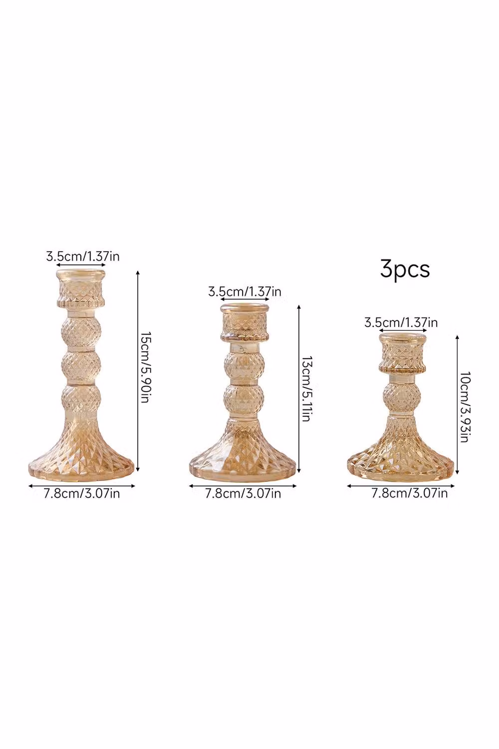 Living and Home 3 Pack Glass Diamond Pattern Taper Candlestick Holders in Amber – 3