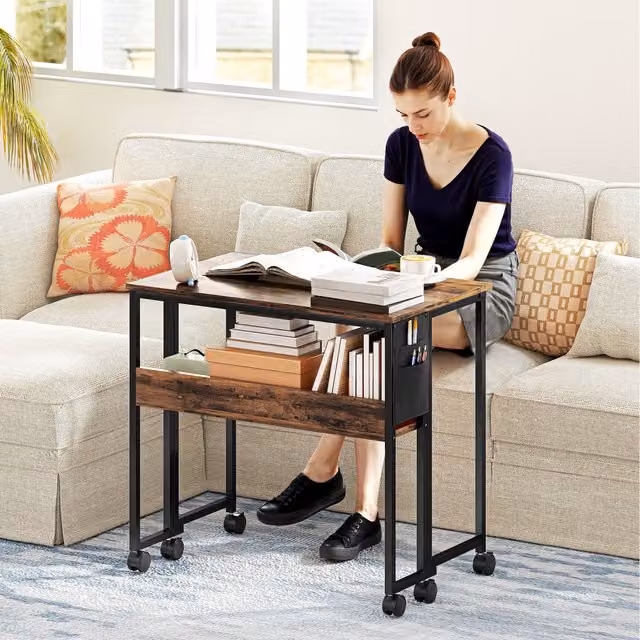 HOMCOM Folding Computer Desk with Open Shelf, Storage Bag and Castors, Rustic Brown