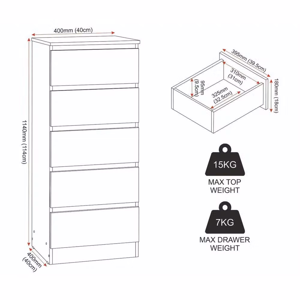 FORGEVIO Modern Matt Grey Narrow 5 Drawer Freestanding Chest of Drawers – 2