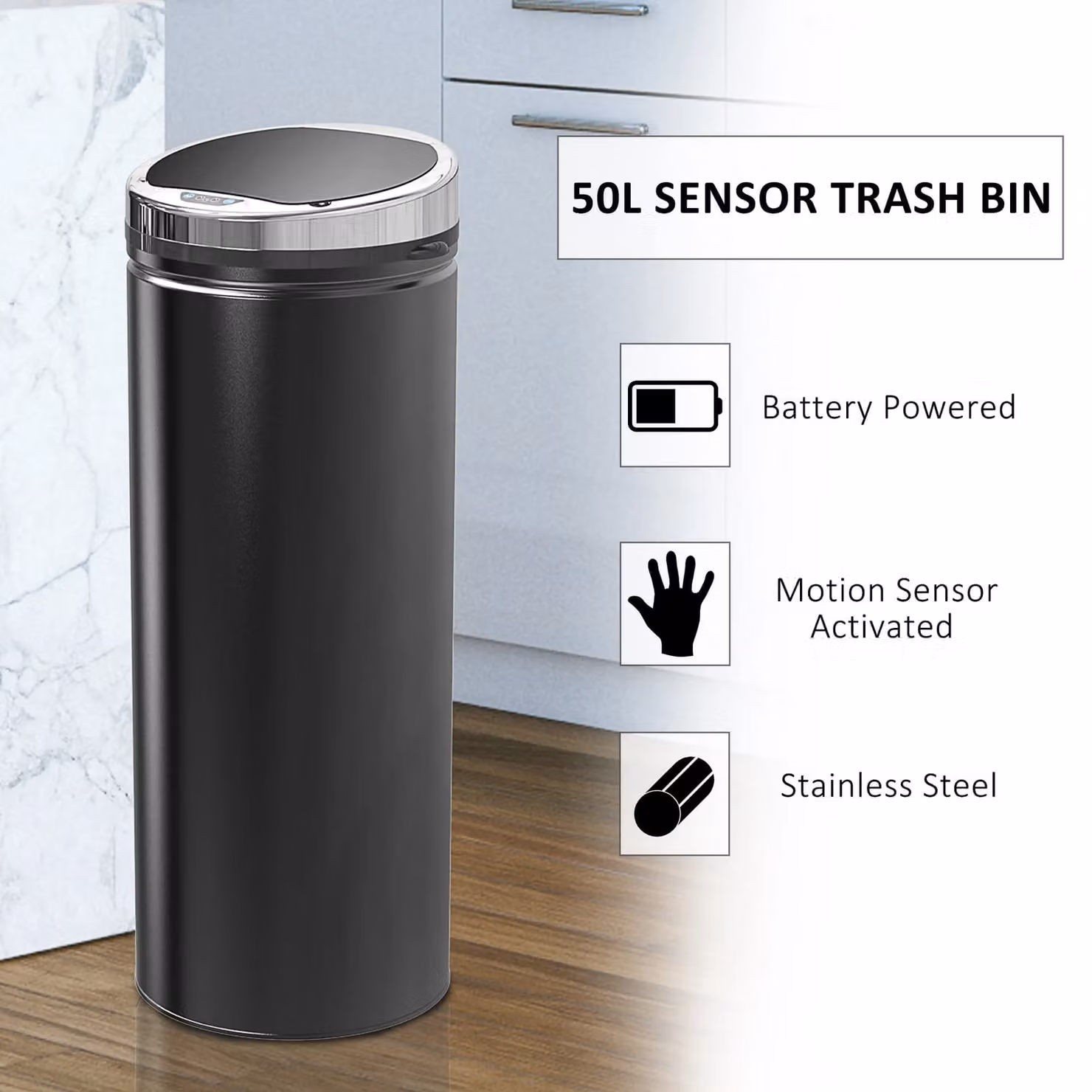 HOMCOM Stainless Steel Automatic Sensor Waste Bin in Black – 10