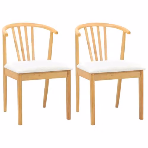 vidaXL Set of 2 Dining Chairs in White Fabric and Natural Rubberwood with Armrests