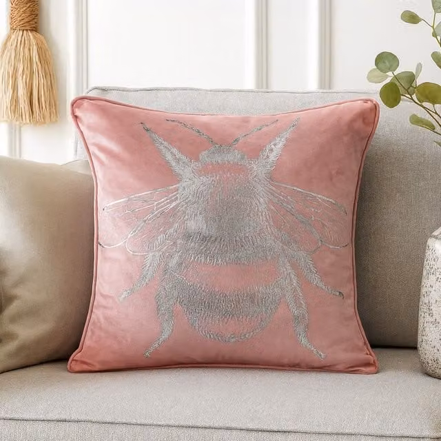 Voltico Foil Printed Bee Filled Square Cushion in Chocolate and Pink, 43 x 43 cm – 1