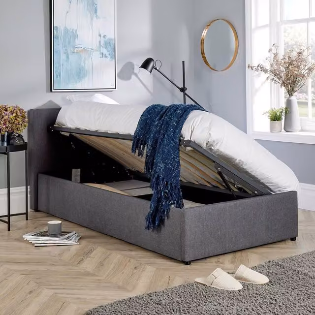 Home Source Horizon Ottoman Side Gas Lift Bed Frame in Grey, W/D/H: 90 x 200 cm