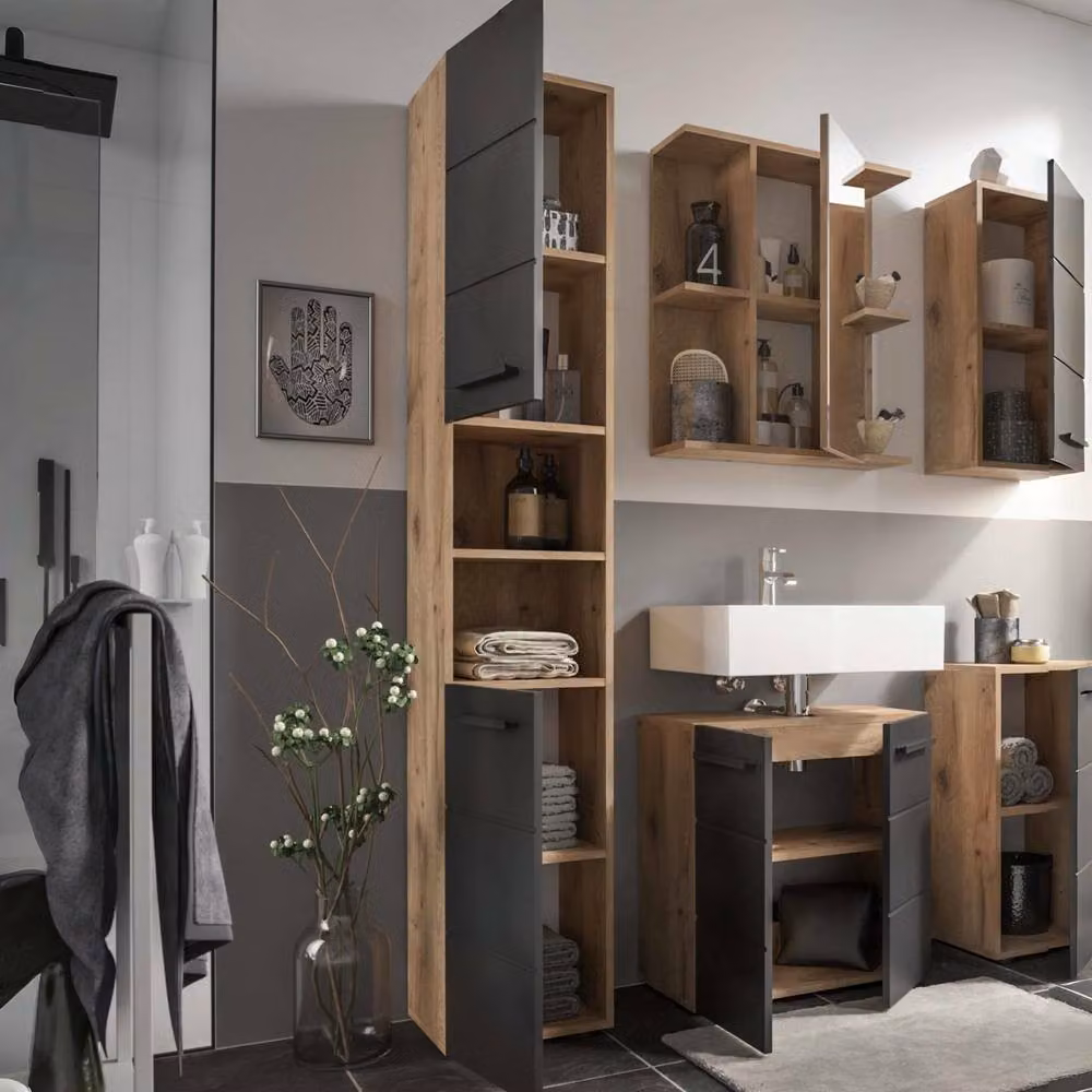 Cheshire Premium Summit Black Tall Bathroom Cabinet with Matt Wood Finish and Hinged Doors – 2