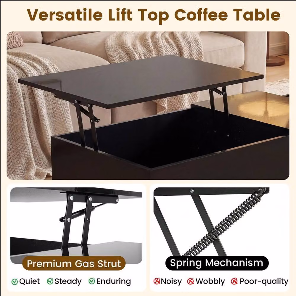 KORVIXA Modern Rectangular Lift Top Coffee Table with Hidden Compartment in Black – 4