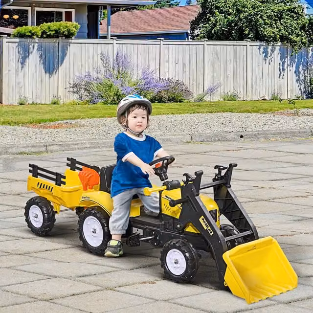 HOMCOM Yellow Ride On Digger with Excavator Trailer