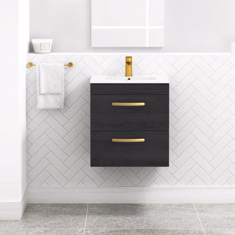 Royal Bathrooms Turin 500mm Wall Hung Vanity Unit in Hale Black with 2 Drawers and Brushed Brass Handles