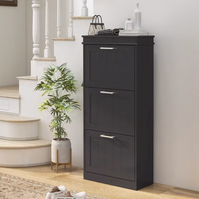 HOMCOM Minimalist Narrow Wall Mounted Shoe Cabinet with Tilting Compartments in Black and Grey Matt Finish