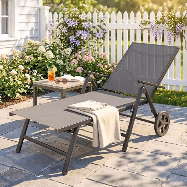 FORGEVIO Folding Sun Lounger with Wheels, 5-Position Adjustable Textilene Garden Chair in Grey – 1