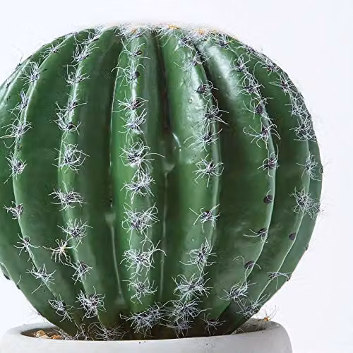 Homescapes Golden Barrel Artificial Succulent Cactus in a Striped Stone Pot, Green, Gold, Grey and Black, Height: 19 cm – 4