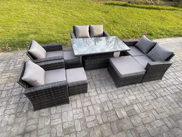 Fimous 8 Piece Outdoor Garden Furniture Set with Wicker Rattan Sofa, Dining Table and 3 Footstools in Dark Grey