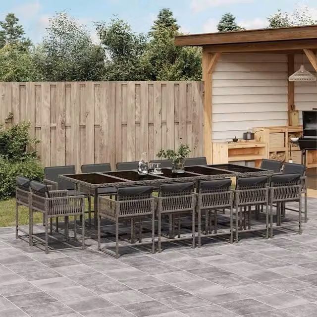 Berkfield Home 15 Piece Grey Poly Rattan Garden Dining Set with Cushions and Glass Table