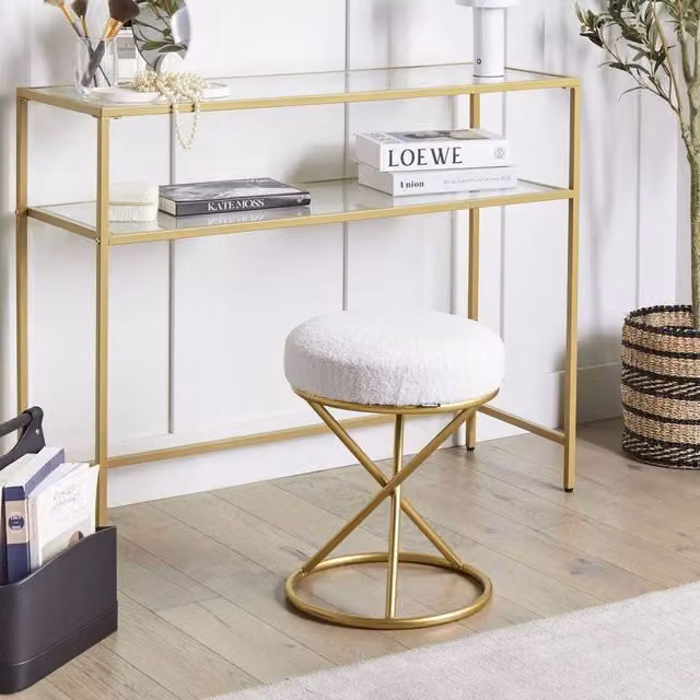 Wyld and Coco Round Bouclé Footstool with Gold Metal Legs in White