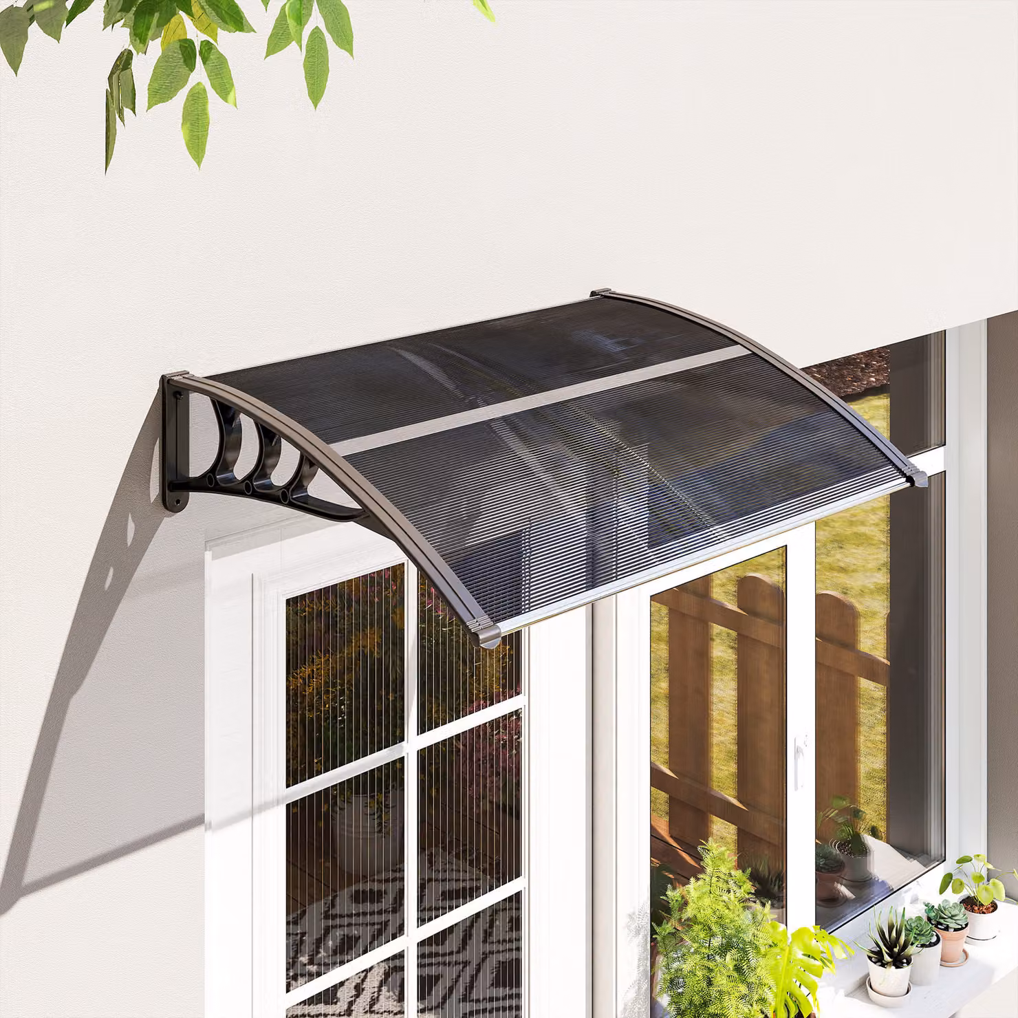 Outsunny Wall-Mounted Polycarbonate Door Canopy Awning with Transparent Window Rain Shelter, Black, W: 100 cm, D: 80 cm, H: 75 cm – 2