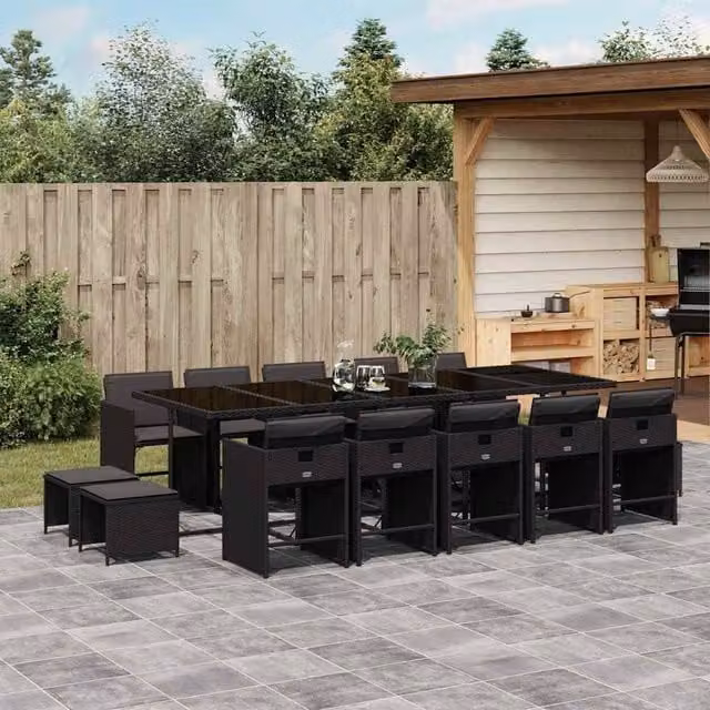 Berkfield Modern Black Polyrattan Garden Dining Set with Glass Tabletop