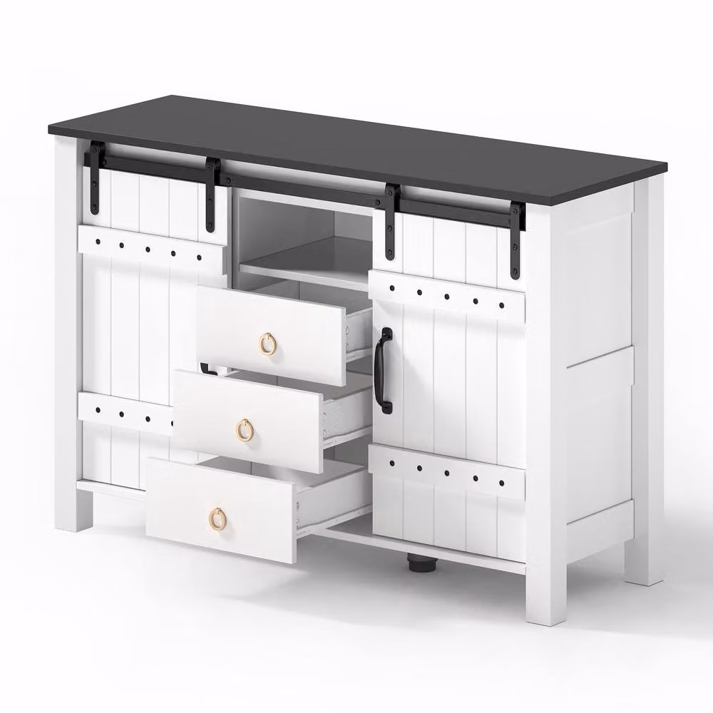 Matteo Rustic White Sideboard with Sliding Doors and 3 Soft Close Drawers, Width: 120 cm – 4