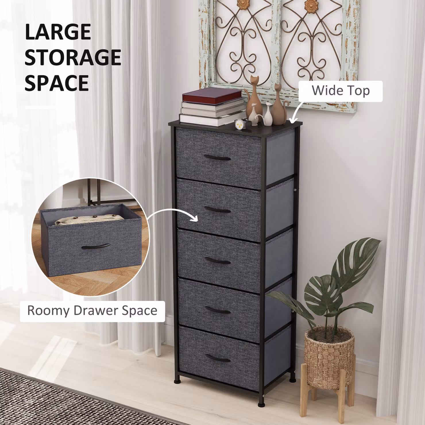 HOMCOM Industrial Fabric Chest of Drawers with 5 Drawers, Steel Frame and Wooden Top, Dark Grey – 4