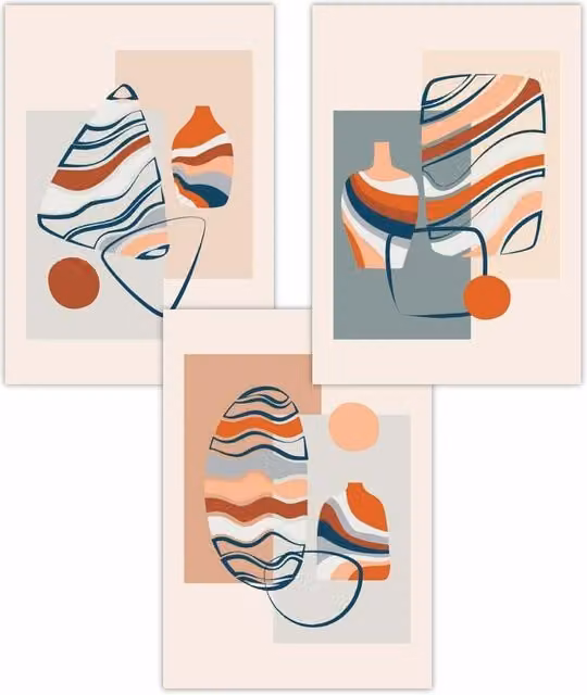 ARTZE Set of 3 Boho Modern Abstract Paper Posters in Blue and Orange, W: 30 cm, H: 42 cm