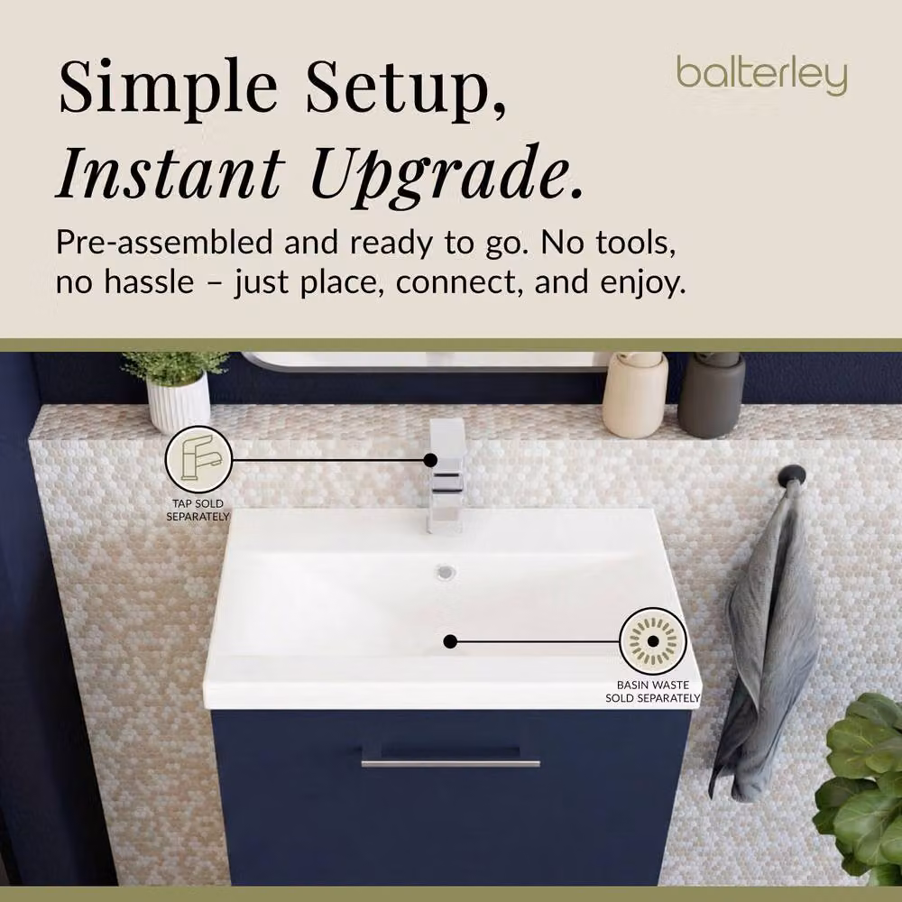 Balterley Contemporary Midnight Blue Floor Standing 2 Soft-Close Drawer Vanity Unit with Mid-Edge Ceramic Basin, W: 61 cm, D: 39 cm, H: 84 cm – 4