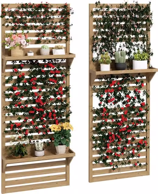 Outsunny Set of 2 Brown Fir Wood Wall Mounted Plant Stands with Shelves and Slatted Trellis – 1