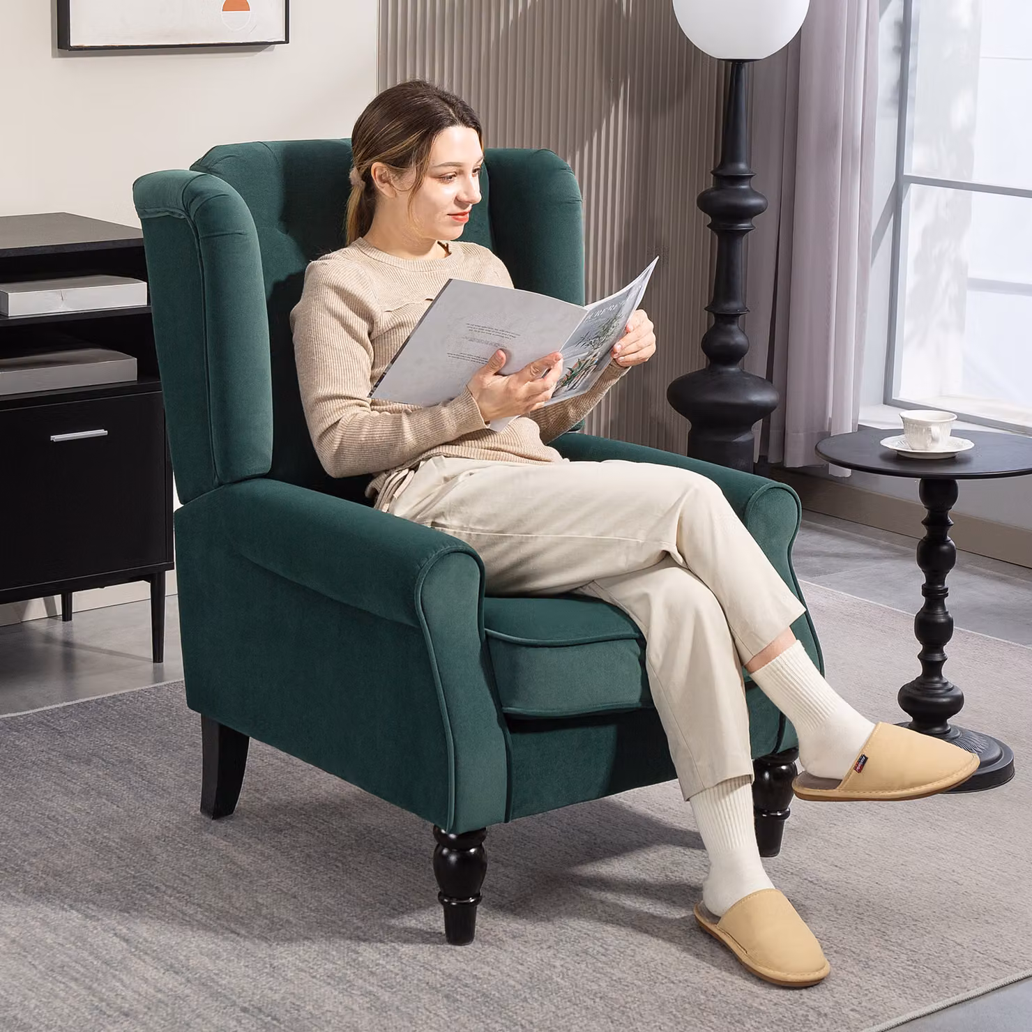 HOMCOM Retro Green Velvet Wingback Accent Chair with Button Tufting and Solid Wood Frame – 2