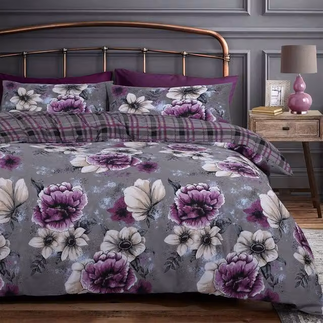 Velosso Cassia Floral Duvet Cover and Pillowcase Set in Purple, W/D/H: 180 x 200 cm and 50 x 75 cm