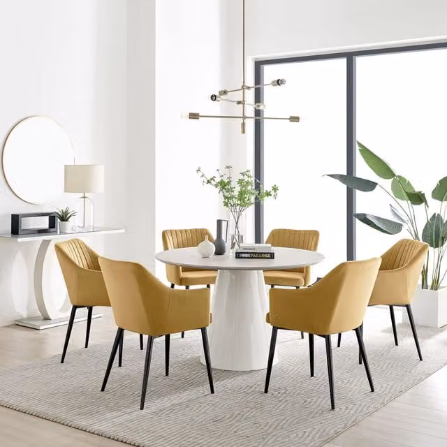 Furniturebox UK Palma Beige Stone Effect Round Dining Table and 6 Calla Black Leg Chairs in Mustard