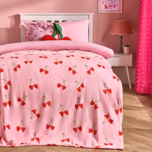 OHS Cherry Print Flannel Fleece Throw Blanket in Pink and Red, W/D/H: 125 x 150 cm – 2