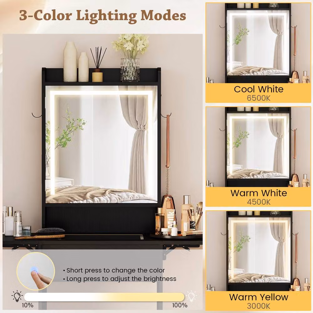 Costway Modern Black Dressing Table and Stool Set with Hollywood LED Lights and Charging Station – 4