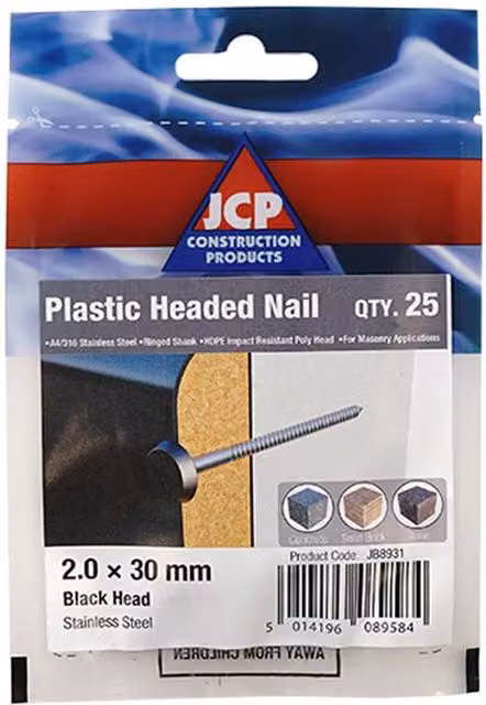 JCP Construction Products A4-316 Stainless Steel Plastic Headed Round Nails in Black, Box of 125