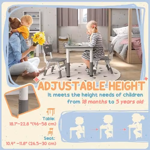 AIYAPLAY Height Adjustable Kids Table and 3 Chairs Set in Grey – 2