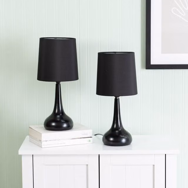 ValueLights Teardrop Pair of Black Metal Touch Table Lamps with Fabric Shades