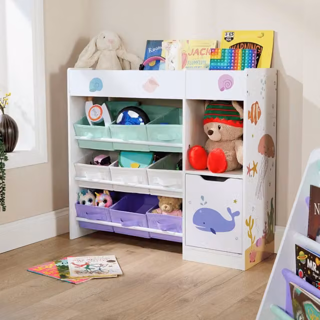 Home Source Anya Kids White Sealife Design Large Storage Bookshelf with Drawers, White and Multicolour