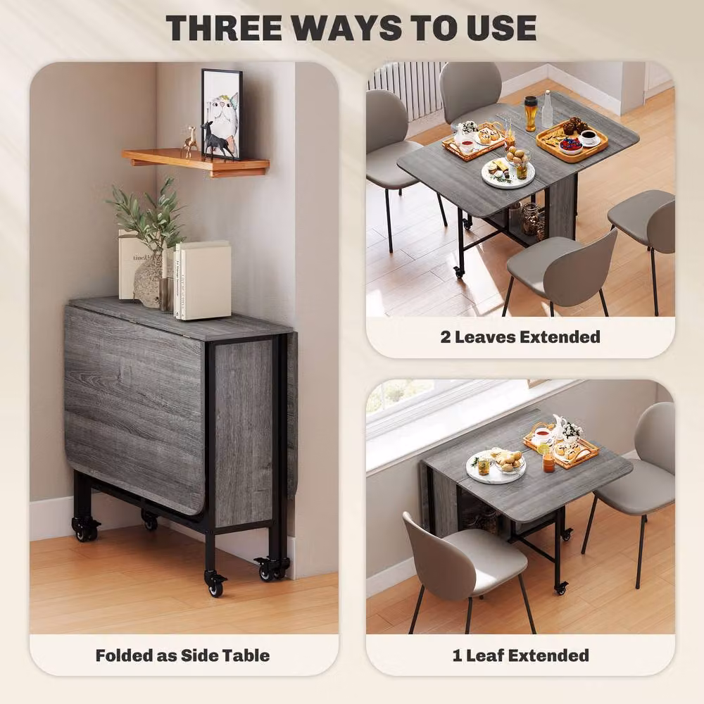 STILVORA Modern Grey Extendable Drop Leaf Dining Table with Castors and Storage Shelf – 5