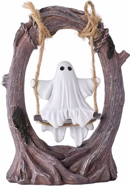 Garden Sanctuary Halloween Ghost on Tree Swing Tabletop Figurine in White and Multicolour – 1