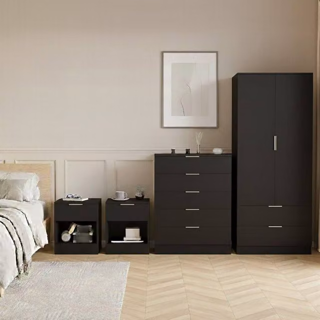 Vida Designs Trega 4 Piece Black Bedroom Set including Bedside Tables, 5 Drawer Chest and Wardrobe
