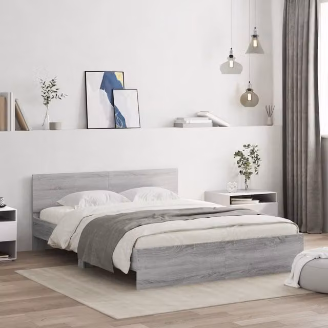 Berkfield Home Grey Sonoma Bed Frame with LED Lighting and USB Charging Port, W: 160 cm, D: 200 cm – 1